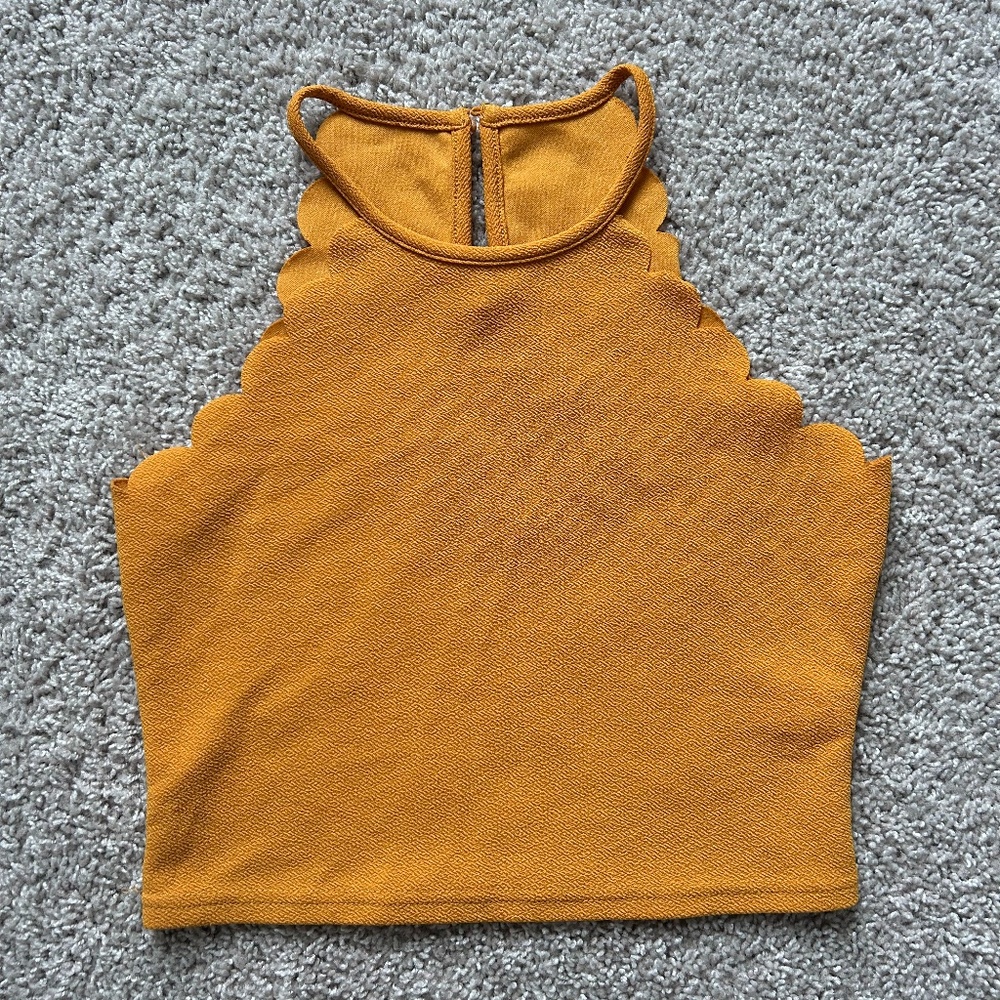 High Neck Scallop Edge Cropped Yellow Tank Top